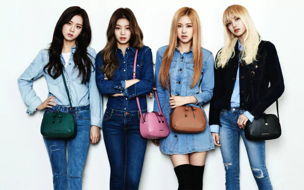 4K Ultra HD desktop wallpaper featuring the music group BlackPink posing stylishly in denim outfits with colorful handbags against a plain white background.
