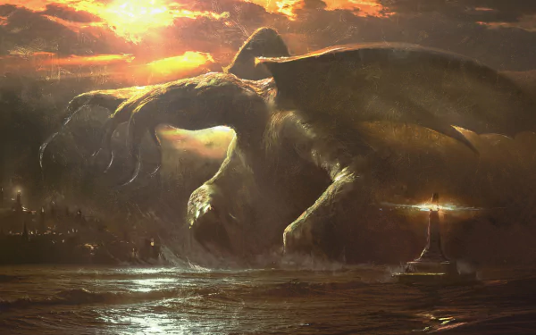 A dark, massive Cthulhu creature rises from stormy waters under a fiery sunset sky in this detailed 4K Ultra HD fantasy PC desktop wallpaper.
