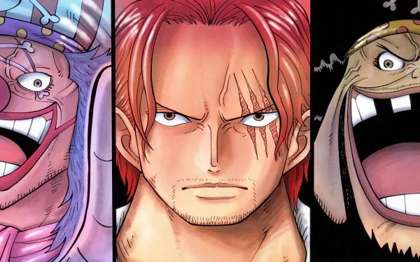 HD PC desktop wallpaper featuring One Piece characters Marshall D. Teach, Shanks, and Buggy in detailed anime style.