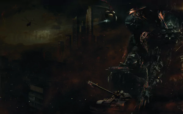 HD desktop wallpaper featuring a soldier from Escape From Tarkov set in a dark, dystopian landscape.