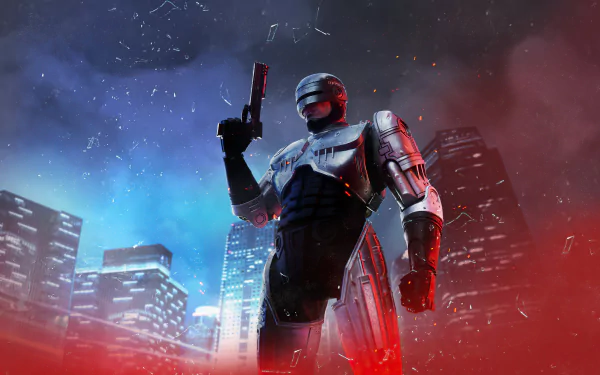 4K Ultra HD PC desktop wallpaper featuring RoboCop from the video game RoboCop: Rogue City, standing against a rainy cityscape illuminated by neon lights.