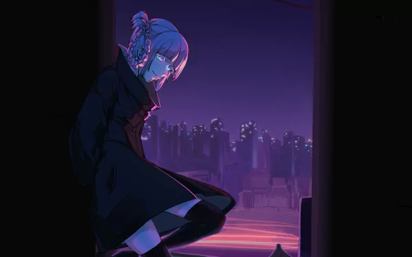 Nazuna Nanakusa from Call of the Night sits pensively on a rooftop against a glowing purple cityscape in this 4K Ultra HD anime desktop wallpaper.