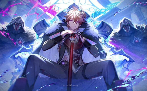 Tartaglia Childe from Genshin Impact sits confidently holding a polearm, surrounded by shadowy figures with icy and electric effects in this 4K Ultra HD PC desktop wallpaper.