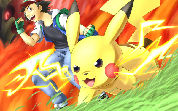 4K Ultra HD anime wallpaper featuring Pikachu and Ash from Pokémon, with dynamic lightning effects and vibrant colors in a dramatic battle pose.