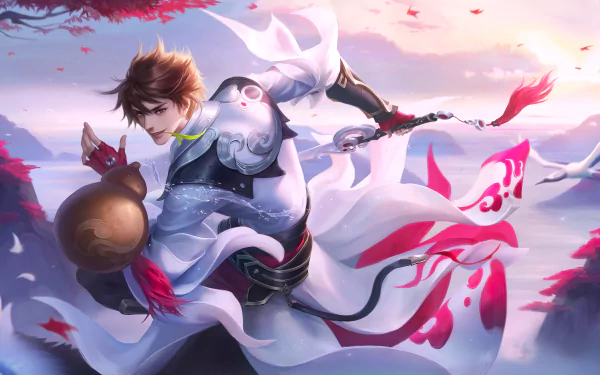 5K Ultra HD PC desktop wallpaper from the video game Honor of Kings: a dynamic male warrior in white flowing robes and armor lunges with a polearm amid pink petals and a pastel sky.