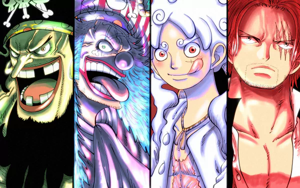 Vibrant 4K Ultra HD wallpaper featuring Shanks, Gear 5 Monkey D. Luffy, Buggy, and Marshall D. Teach from the anime One Piece in dynamic, detailed art style.