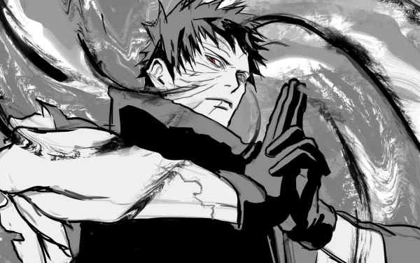 Obito Uchiha from Naruto in a dynamic black and white anime HD desktop wallpaper with swirling energy effects.