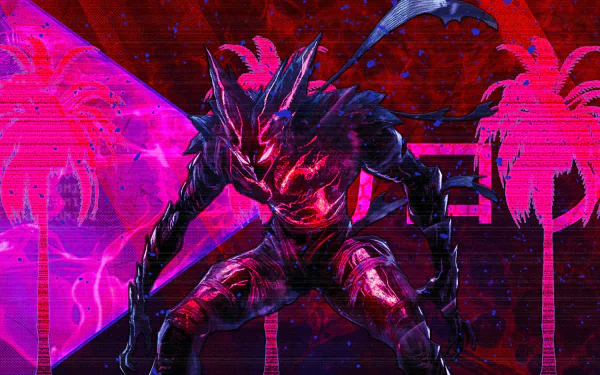 HD PC desktop wallpaper featuring Garou from One-Punch Man in a vibrant, neon-colored anime style with phonk-inspired visuals and palm tree silhouettes.