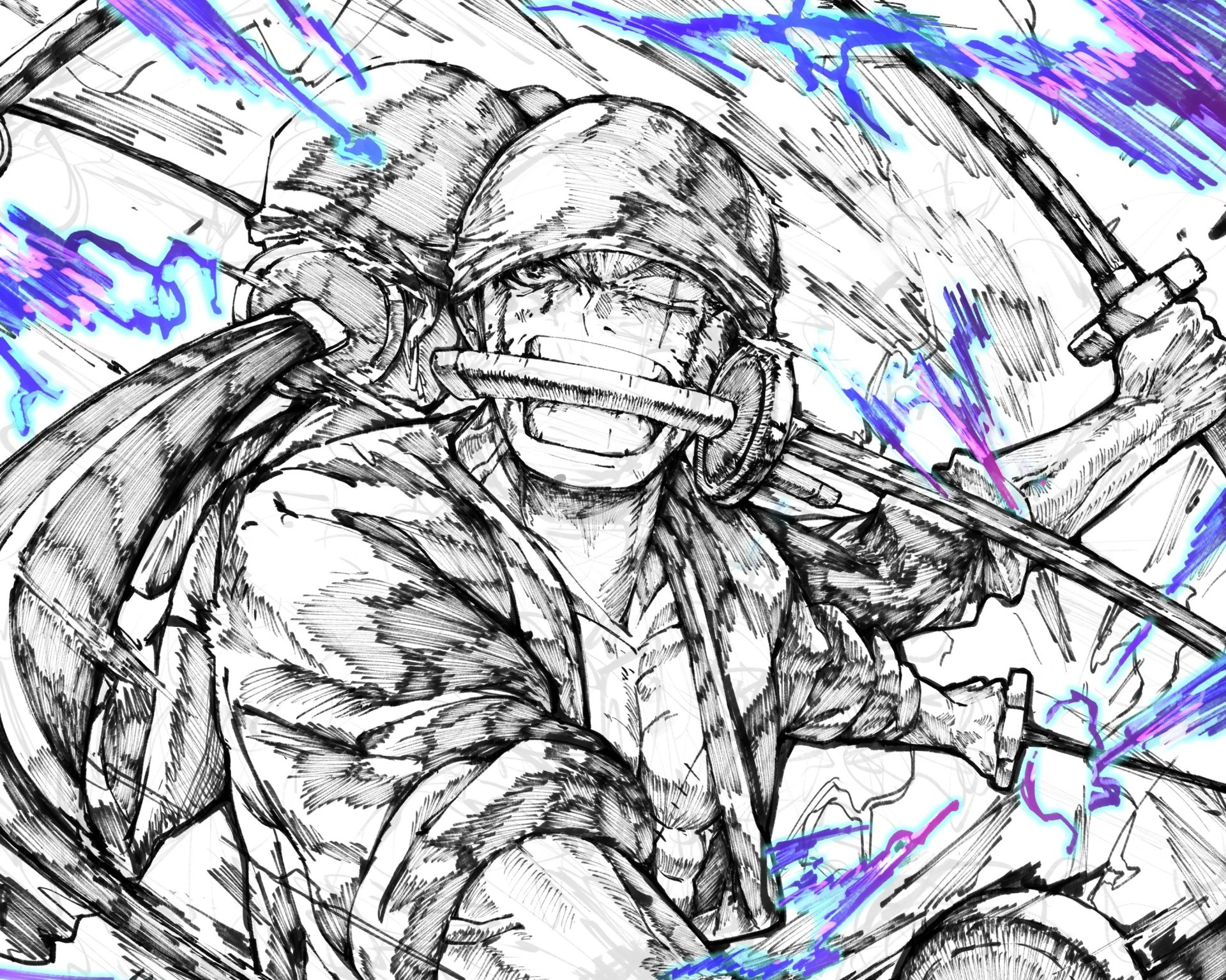 HD PC desktop wallpaper featuring Roronoa Zoro from One Piece in dynamic black-and-white sketch style with blue electric accents.