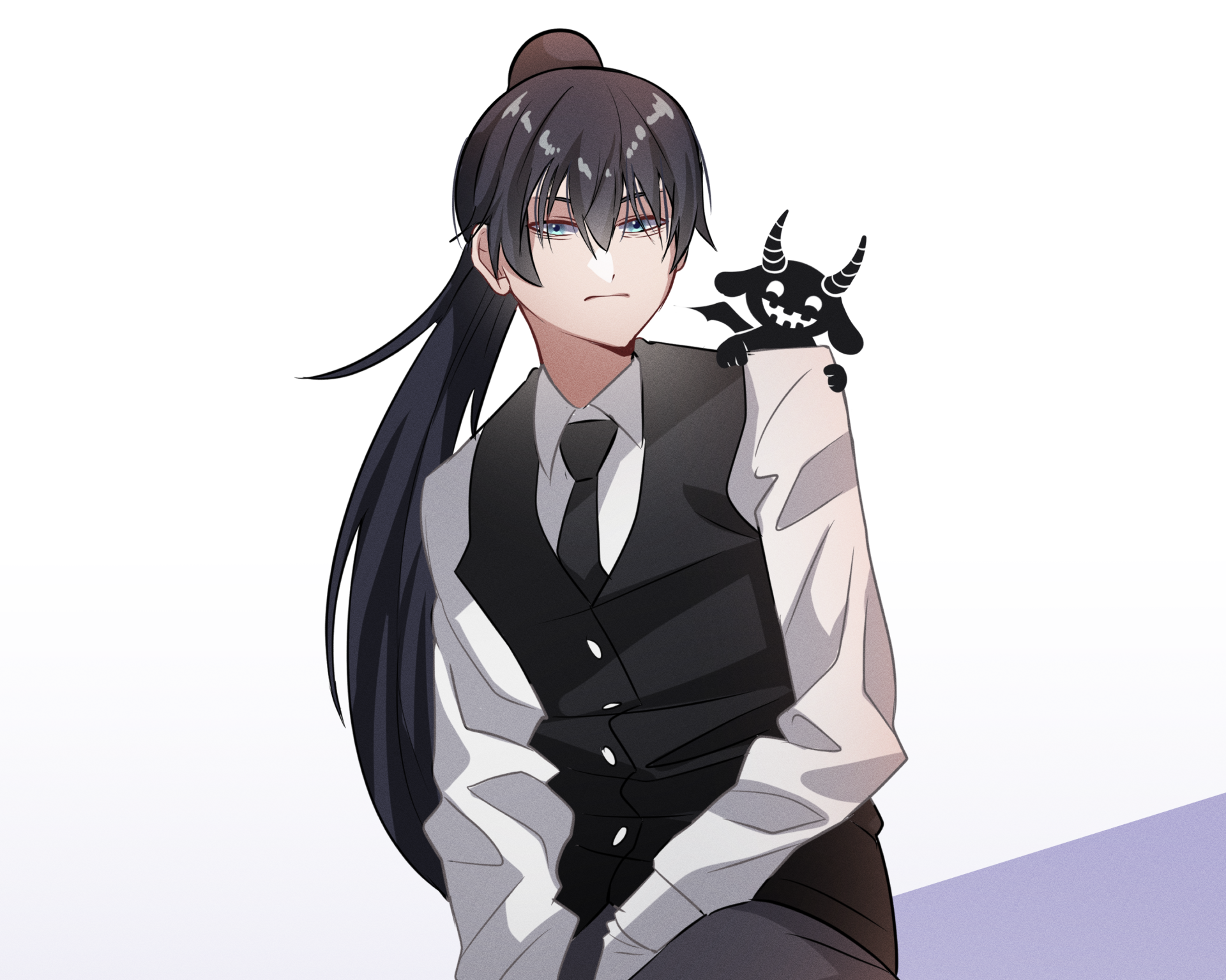 Nacht (Black Clover) anime 2K Quad HD PC desktop wallpaper: brooding portrait in vest and tie, long black hair, small shadowy creature perched on his shoulder against a pale background.