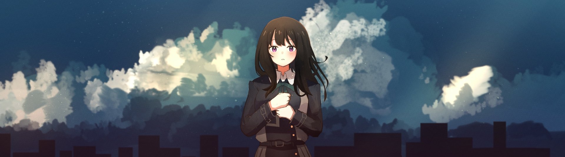 Takina Inoue (Lycoris Recoil) anime 4K Ultra HD PC desktop wallpaper: she stands clutching her hands to her chest in a dark school uniform against a dramatic cloudy night skyline.