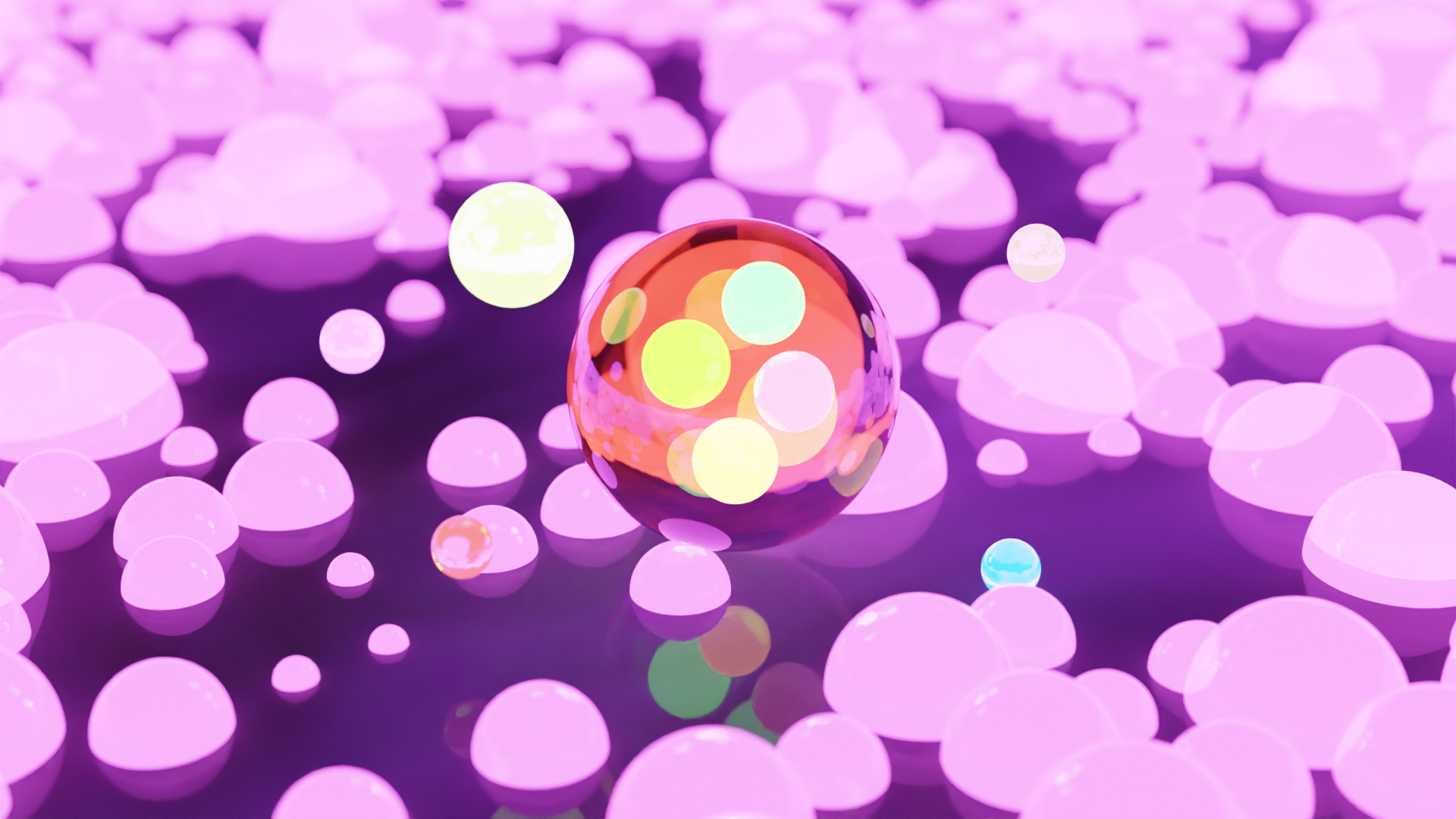 HD PC desktop wallpaper: artistic 3D art of a glossy translucent ball with multicolored lights, floating among soft pink and purple bokeh-like shapes on a deep violet background.