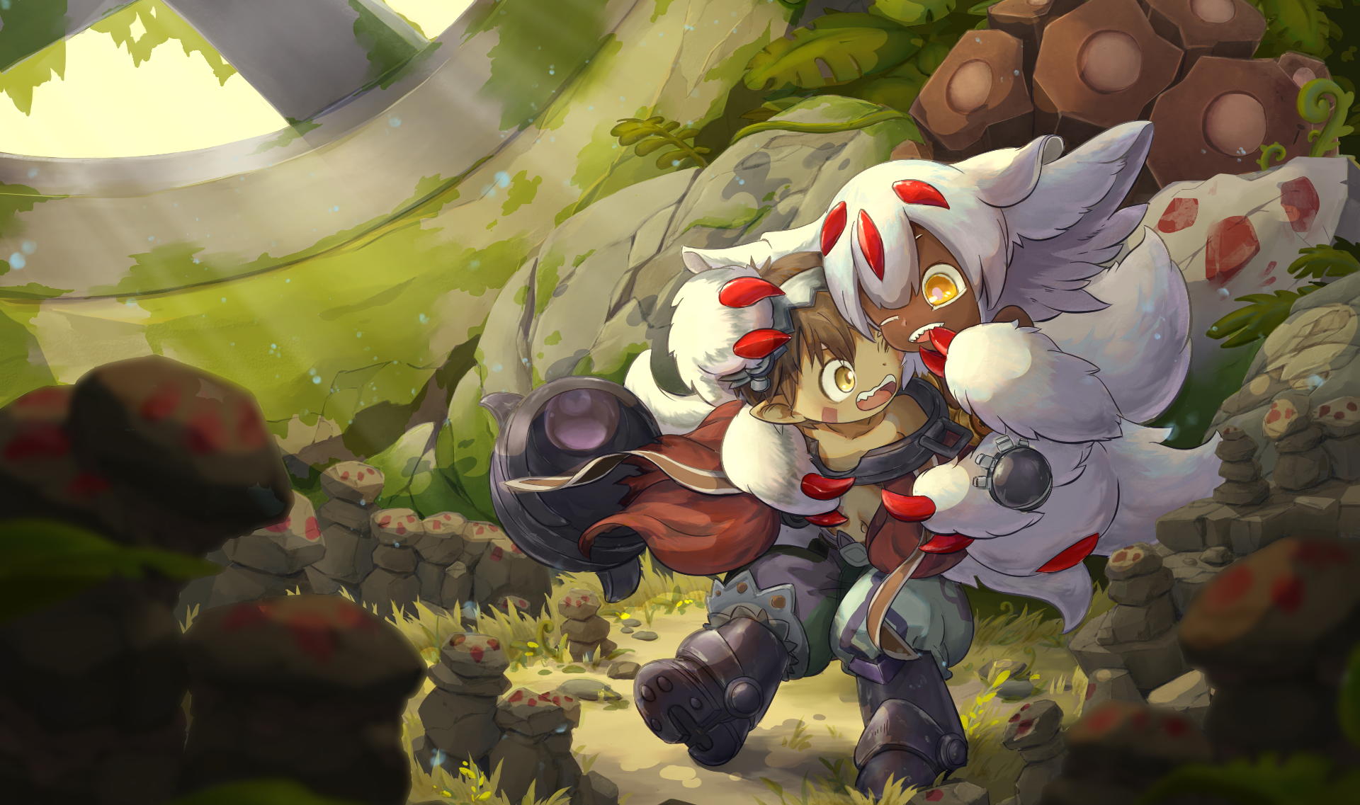 Faputa cuddling Reg amid a sunlit mossy cavern, vibrant anime detail — Made in Abyss HD PC desktop wallpaper/background