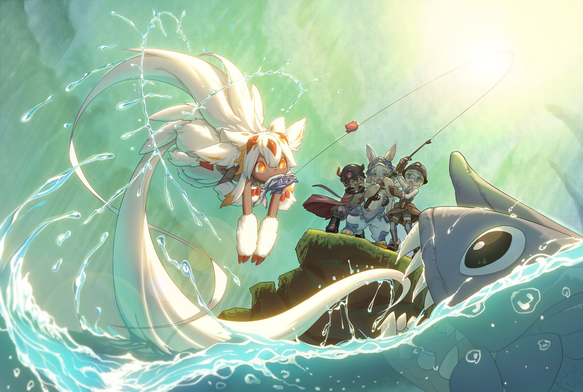 HD anime desktop wallpaper featuring characters from Made in Abyss riding a large aquatic creature in a glowing, mystical underwater scene.