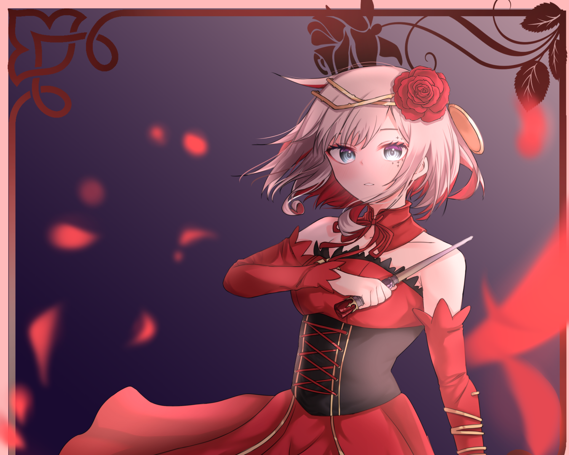2K Quad HD PC desktop wallpaper: Anime depiction of Destiny (Takt Op. Destiny) — a pink-haired girl in a red dress with a rose in her hair, holding a baton amid falling petals.