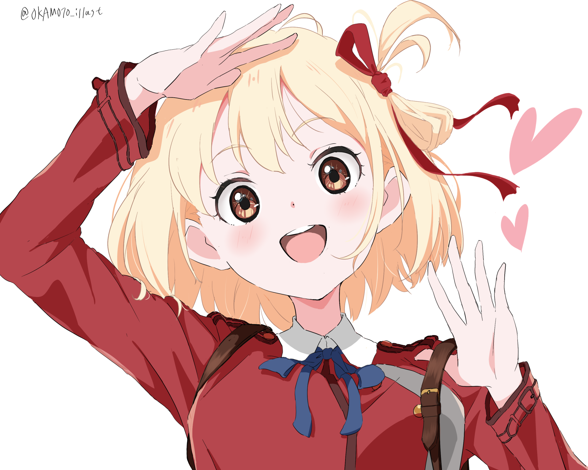 Chisato Nishikigi from Lycoris Recoil, anime character smiling and waving in a red uniform with pink hearts — bright 2K Quad HD PC desktop wallpaper.