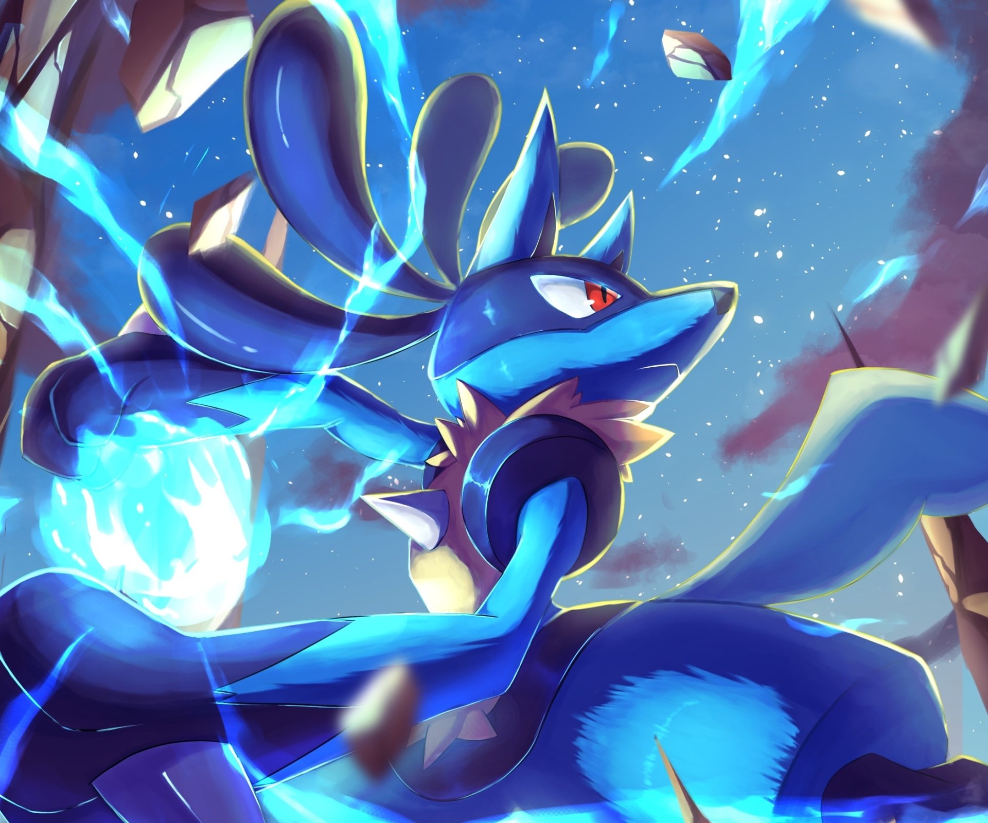 HD PC desktop wallpaper featuring Lucario from Pokémon, depicted in a dynamic pose with glowing blue energy in a vivid video game-style background.