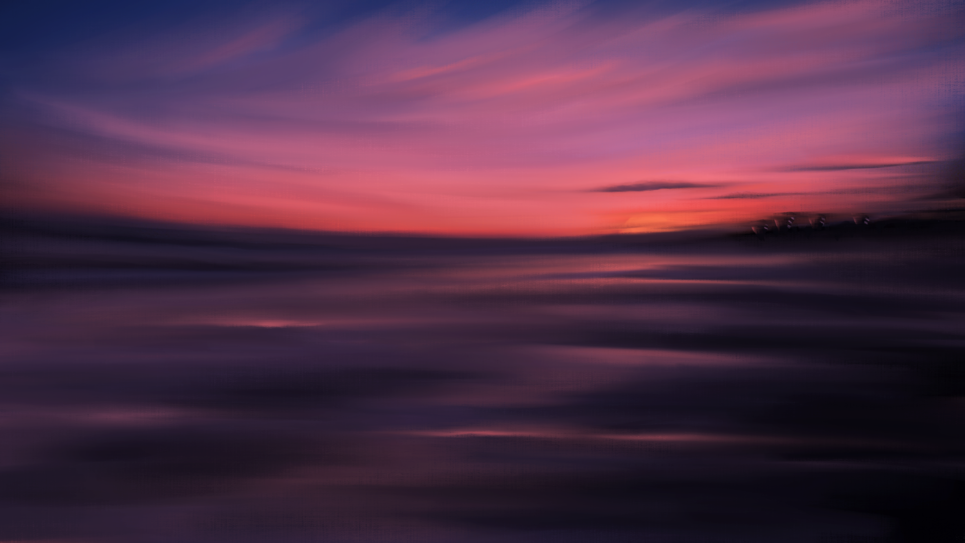 5K Ultra HD desktop wallpaper: artistic red and blue sunset sky with streaked clouds over a blurred coastal landscape.