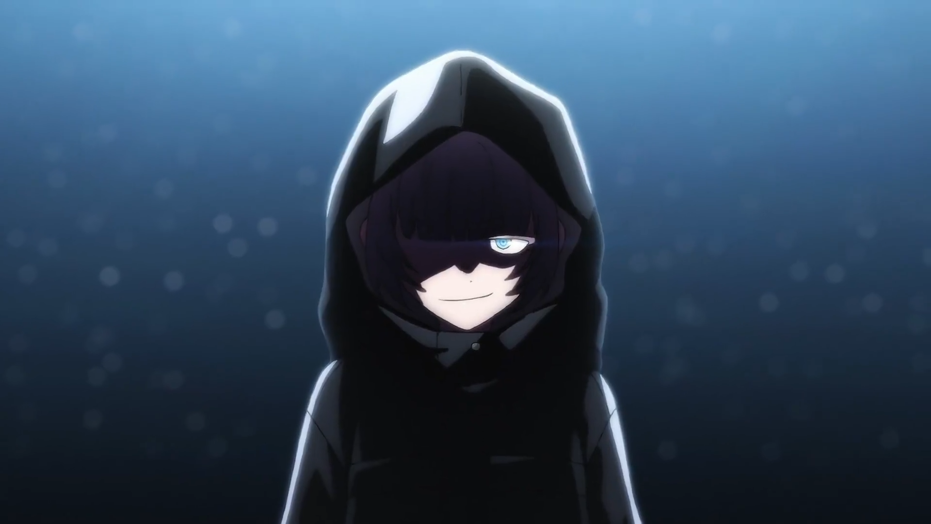 Nazuna Nanakusa from the anime Call of the Night appears in a dark hooded outfit, set against a deep blue background in this HD PC desktop wallpaper.