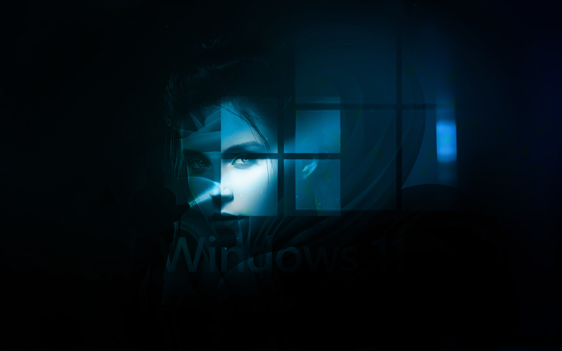 4K Ultra HD PC desktop wallpaper featuring a dark, technology-inspired Windows interface blending with a mysterious, illuminated face.