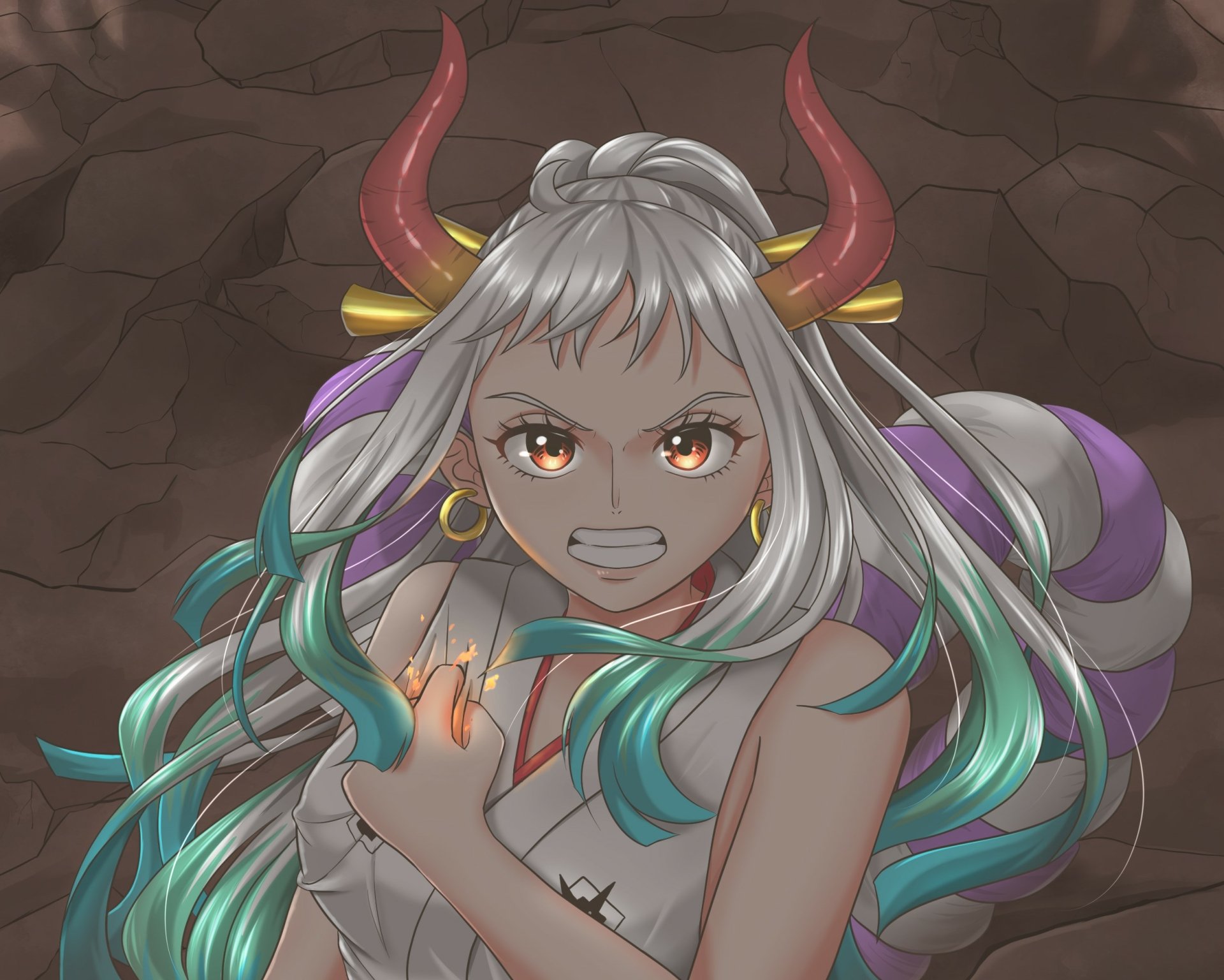 HD PC desktop wallpaper/background of Yamato (One Piece) — anime portrait with silver hair and teal tips, red horns, fiery glowing fist and fierce grin against a rocky backdrop.