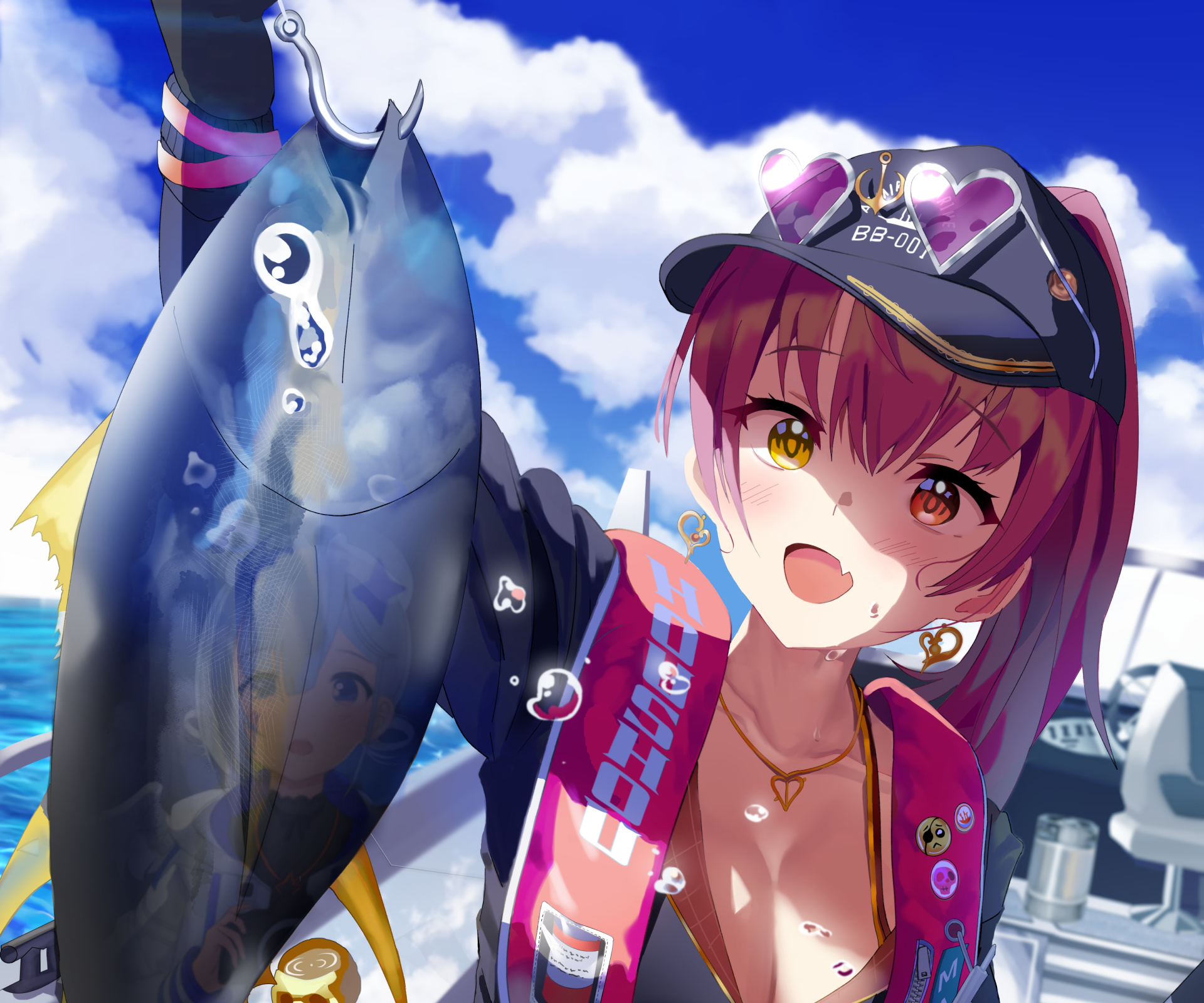 HD PC desktop wallpaper featuring Houshou Marine, a vibrant anime-style Virtual YouTuber from hololive, holding a large fish against a bright ocean backdrop.