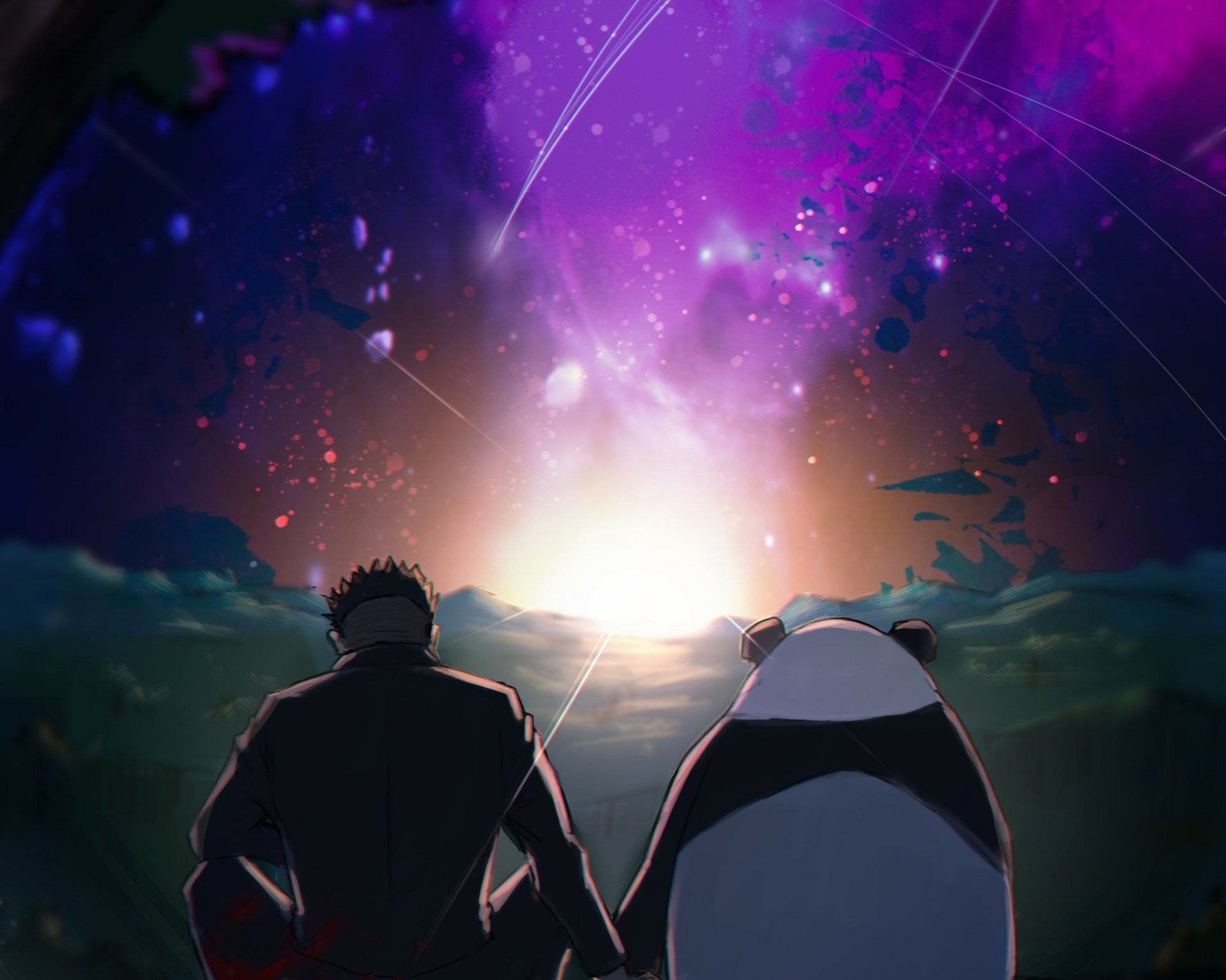HD PC desktop wallpaper featuring two characters from the anime Jujutsu Kaisen gazing at a vibrant, cosmic sky filled with purple and pink hues.
