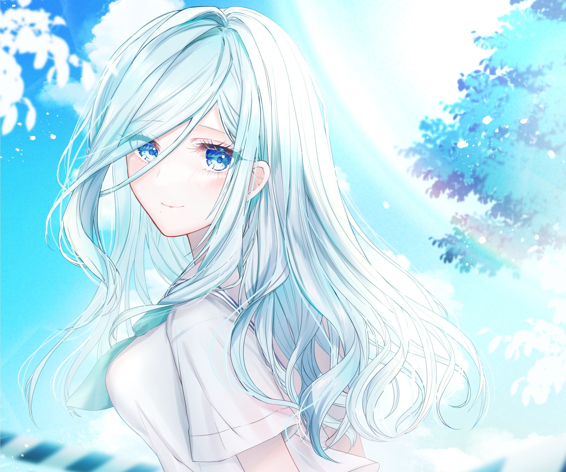 Hinomori Shizuku from the video game Project Sekai: Colorful Stage! feat. Hatsune Miku, long silvery hair and blue eyes, gazing softly against a bright sky — 2K Quad HD PC desktop wallpaper.