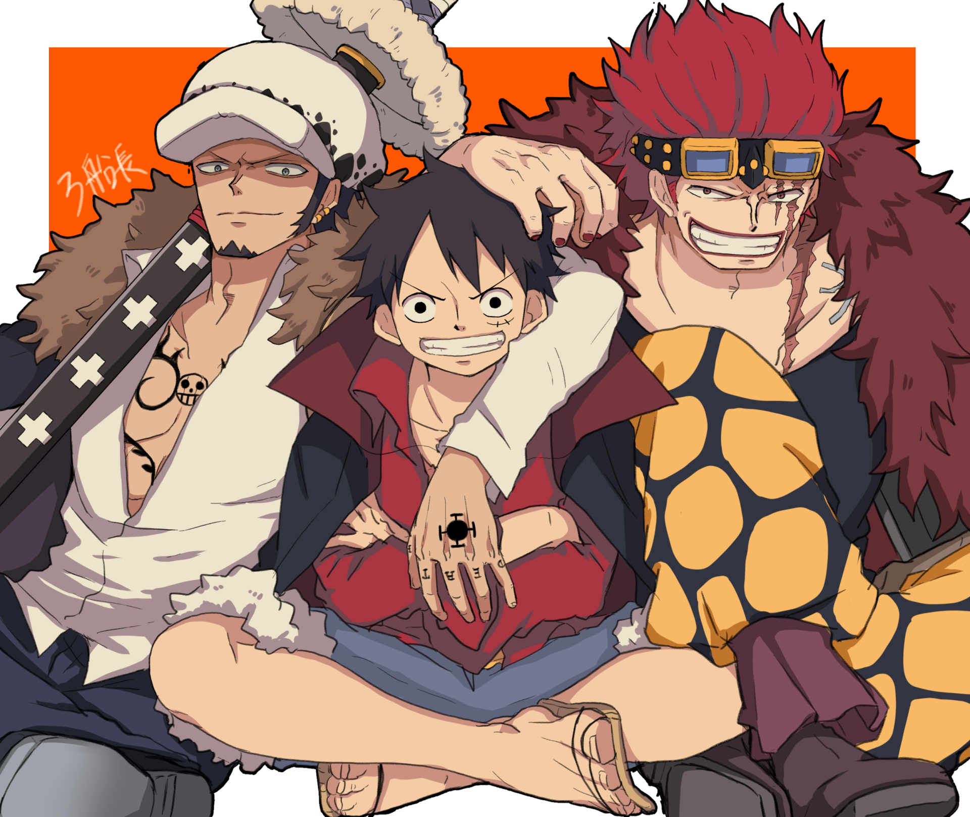 HD PC desktop wallpaper of One Piece: Monkey D. Luffy grinning center, Trafalgar Law at left and Eustass Kid at right in bold anime style.