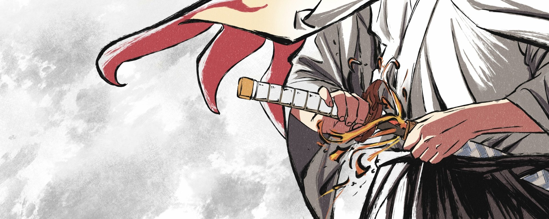 HD PC desktop wallpaper featuring an anime scene from Demon Slayer: Kimetsu no Yaiba, showcasing a close-up of a character gripping a sword with dynamic brushstroke art.