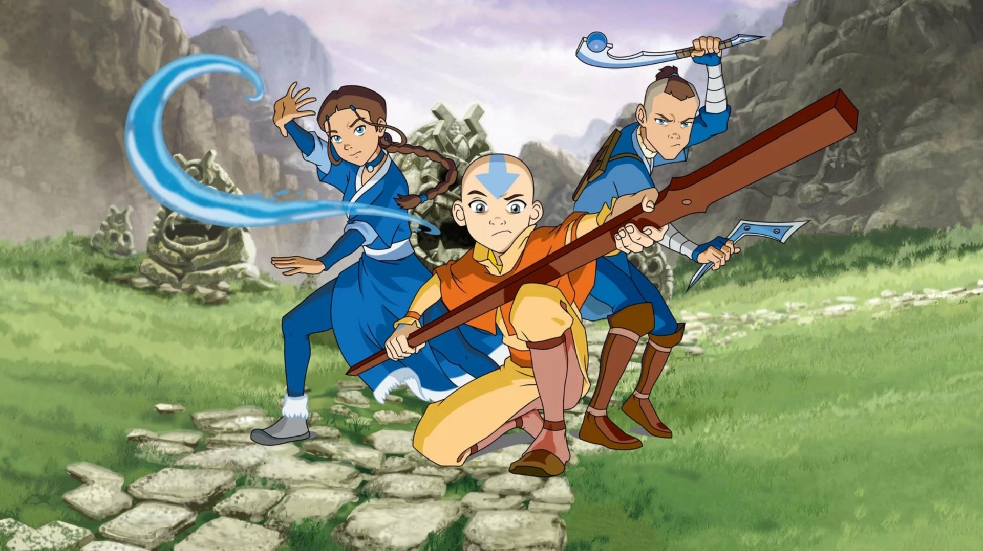 HD PC desktop wallpaper featuring anime-style characters from Avatar: The Last Airbender in dynamic bending and combat poses against a mountainous background.