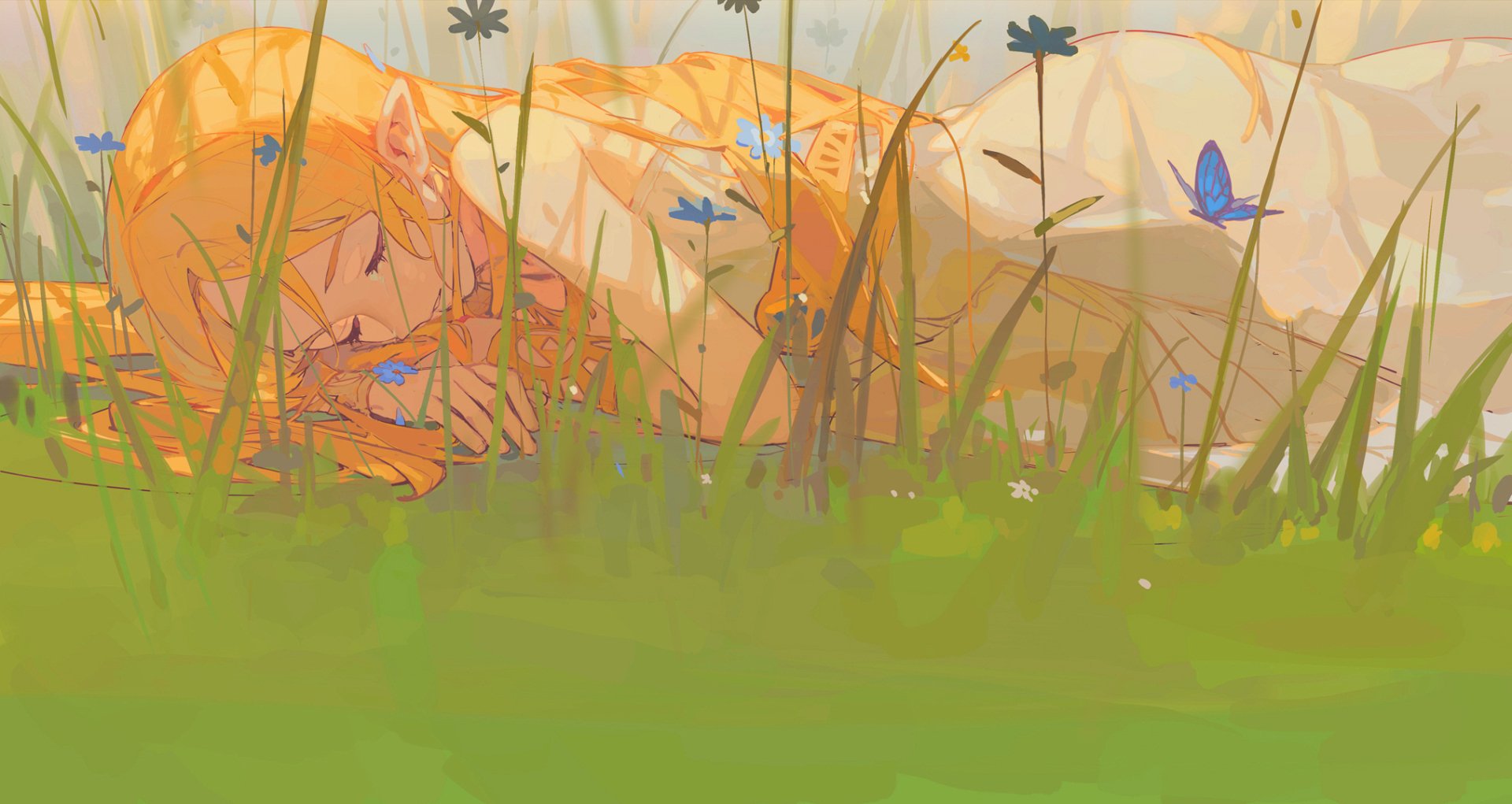 HD PC wallpaper featuring Princess Zelda from the video game The Legend of Zelda: Breath of the Wild, depicted peacefully resting in a field with butterflies around.