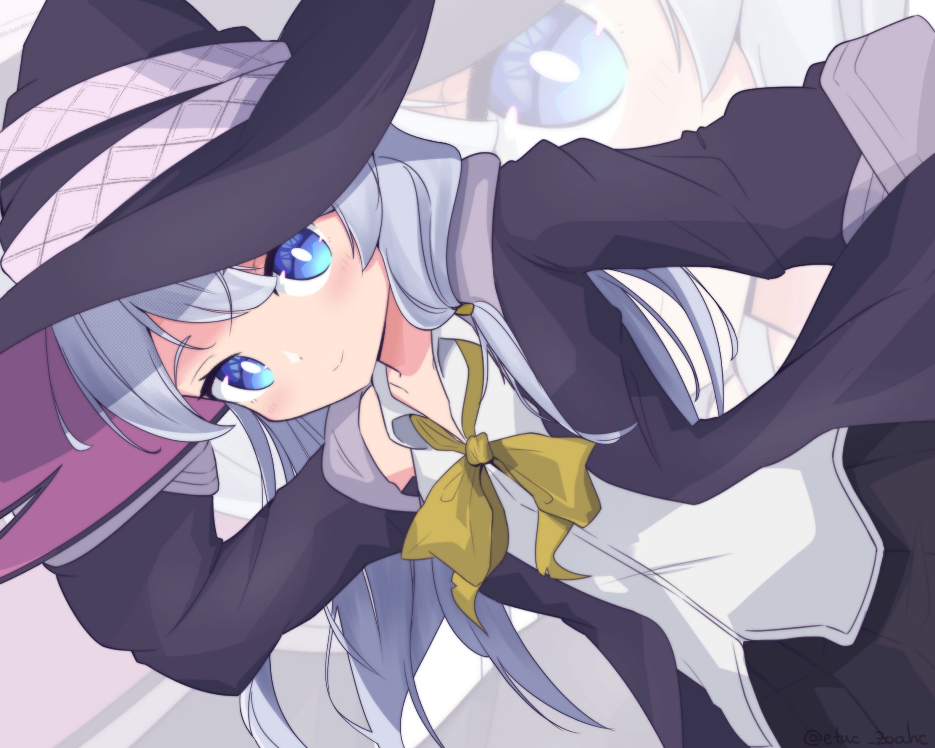 HD PC desktop wallpaper/background of Elaina from Wandering Witch: The Journey of Elaina — anime witch with silver hair, bright blue eyes, black hat and cape, and a yellow bow.
