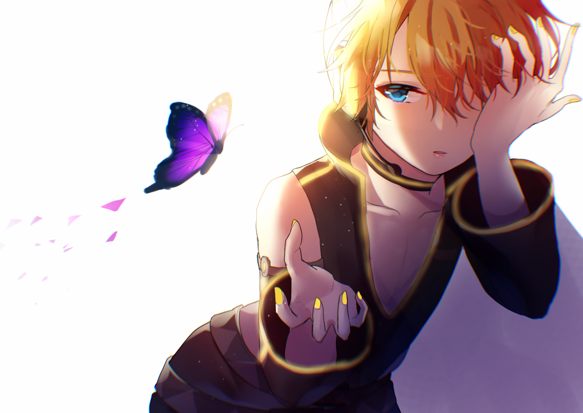 HD PC desktop wallpaper background of Len Kagamine (Vocaloid): an anime blonde boy with blue eyes reaching toward a purple butterfly amid soft, bright lighting.
