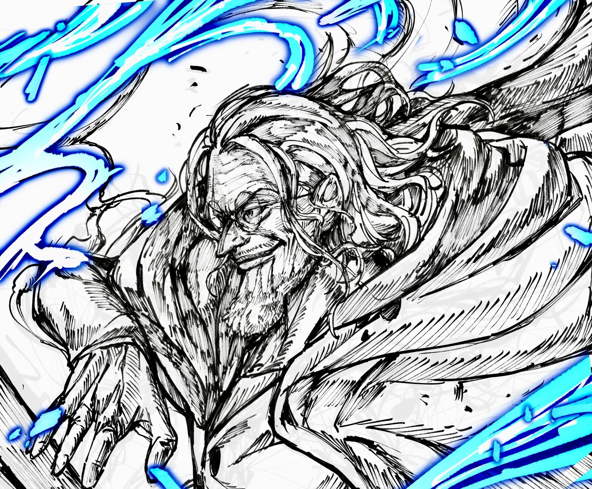 Silvers Rayleigh from One Piece in a dynamic sketch-style portrait with blue Haki energy flashes — 2K Quad HD PC anime desktop wallpaper/background.