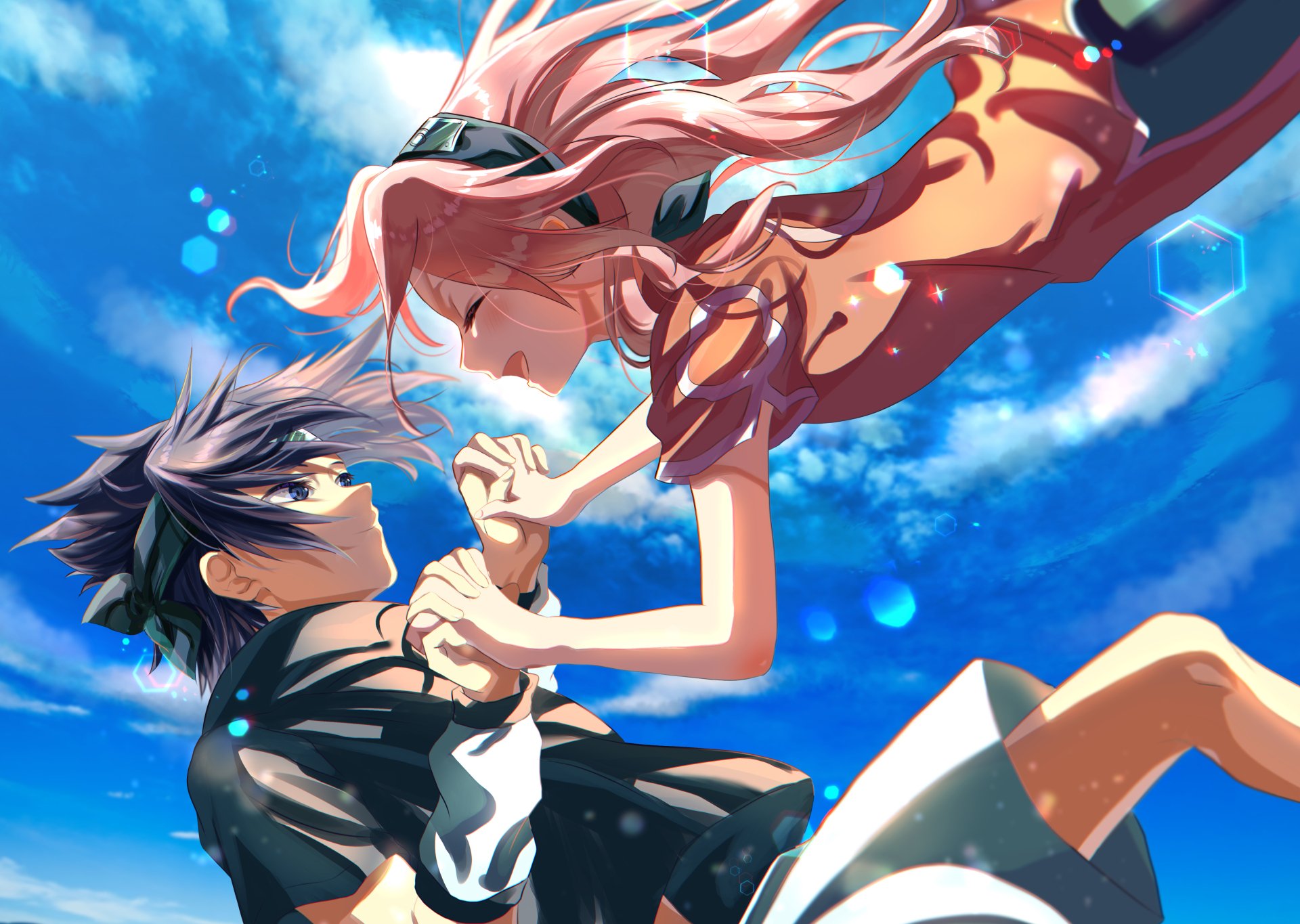 Sakura Haruno and Sasuke Uchiha floating, holding hands beneath a bright blue sky — Naruto anime 4K Ultra HD PC desktop wallpaper background.
