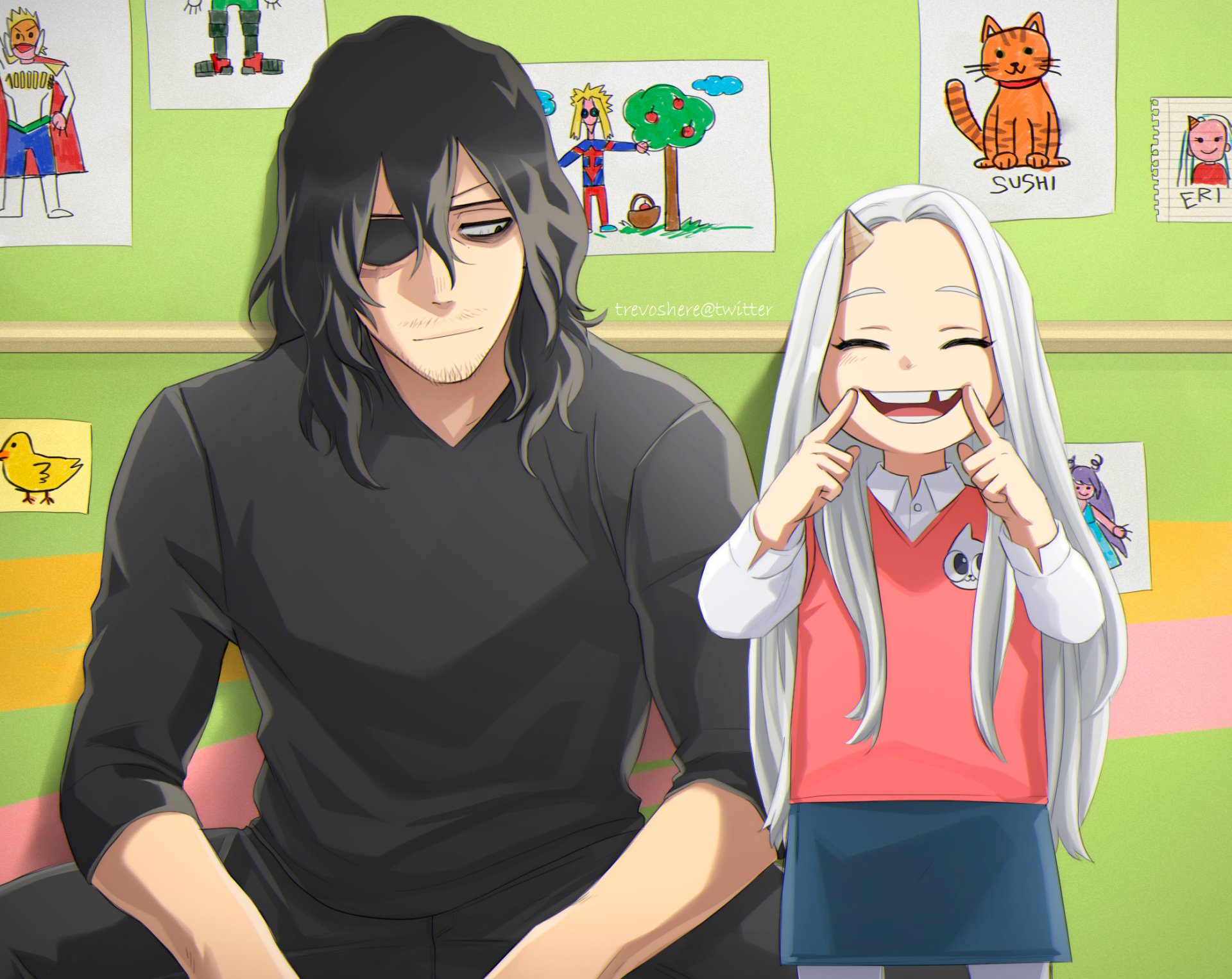HD PC wallpaper featuring Shota Aizawa and Eri from My Hero Academia, captured in vibrant anime style with a cheerful classroom background.