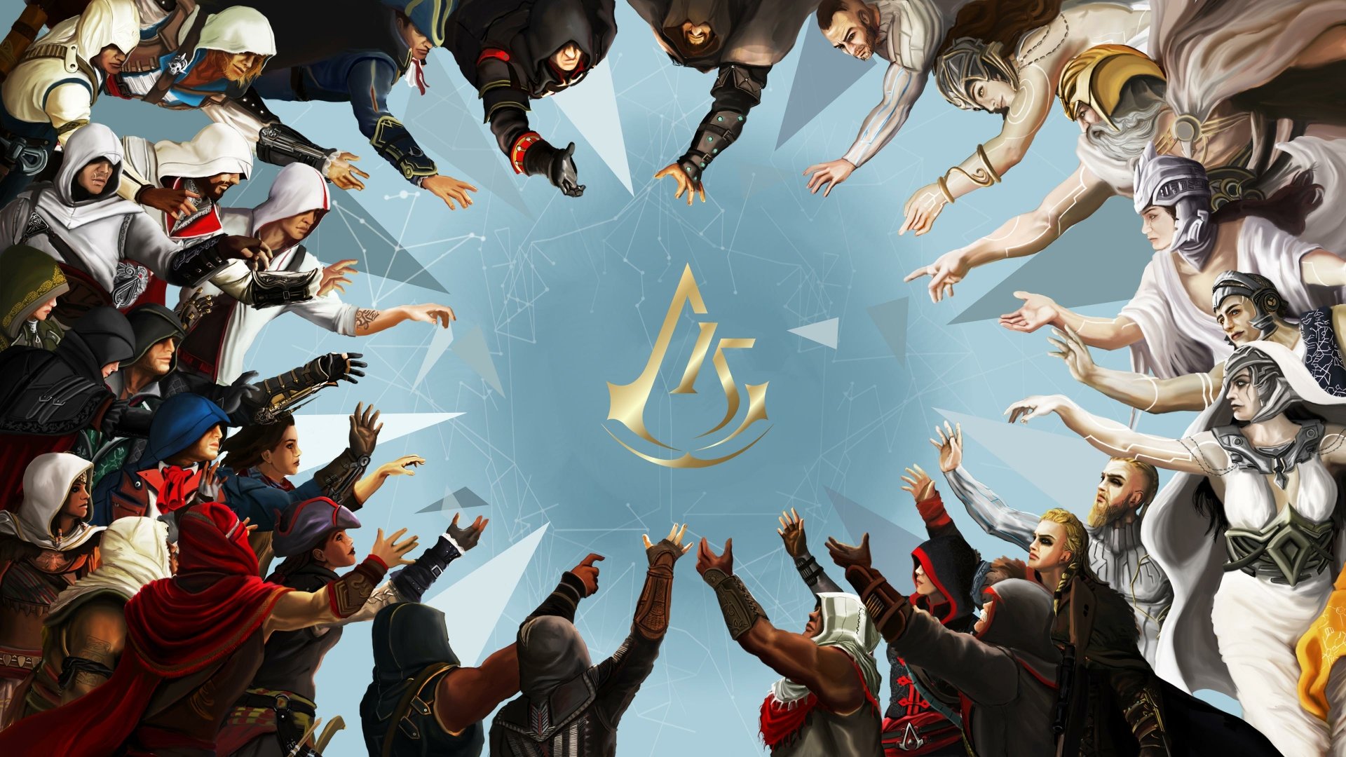 4K Ultra HD Assassin's Creed PC desktop wallpaper featuring multiple characters reaching toward the iconic Assassin's Creed emblem against a bright sky background.