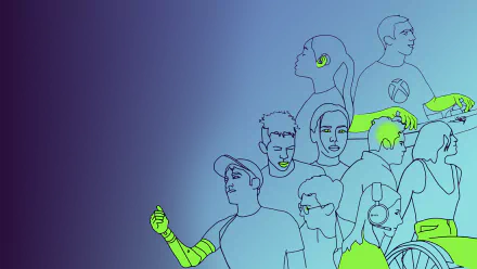 Stylized Xbox-themed HD desktop wallpaper featuring silhouettes of diverse gamers on a blue gradient background.