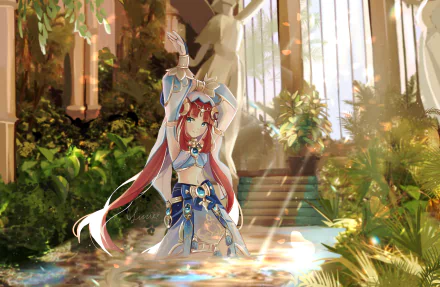 Nilou (Genshin Impact) stands in a sunlit temple pool surrounded by lush foliage and steps — 4K Ultra HD PC desktop wallpaper/background from the video game Genshin Impact.
