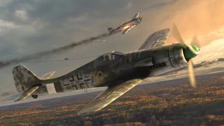 HD desktop wallpaper featuring Luftwaffe Focke-Wulf Fw 190 fighter planes in flight during a dramatic sunset scene.