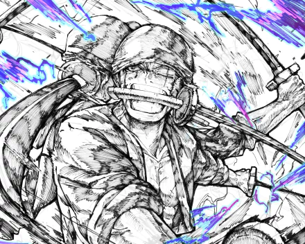 HD PC desktop wallpaper featuring Roronoa Zoro from One Piece in dynamic black-and-white sketch style with blue electric accents.