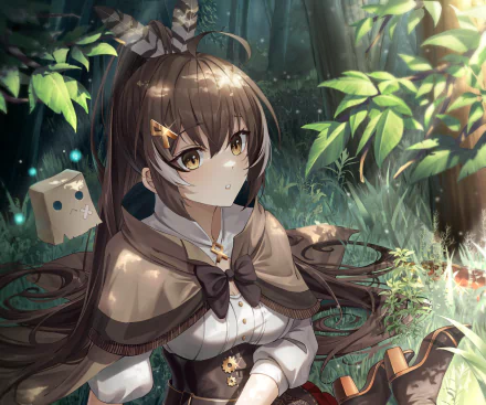 HD anime-style PC wallpaper featuring Nanashi Mumei from Hololive, set in a serene forest with detailed lighting and foliage.