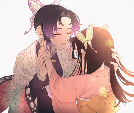 Shinobu Kochou (Demon Slayer: Kimetsu no Yaiba) gently embraces a girl with a butterfly hairpin, soft pastel lighting — 2K Quad HD anime PC wallpaper.