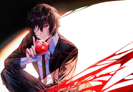 HD wallpaper featuring Osamu Dazai from the anime Bungou Stray Dogs, depicted with a red apple and a striking background of splattered colors.