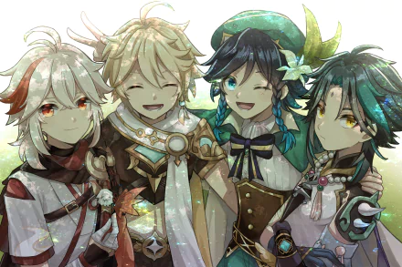 HD PC desktop wallpaper featuring Genshin Impact characters Xiao, Venti, Kaedehara Kazuha, and Aether smiling together in vibrant, detailed artwork.