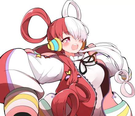 Uta (One Piece) from the One Piece anime — red-and-white hair, headphones and vibrant jacket, smiling energetically; 2K Quad HD PC desktop wallpaper/background.