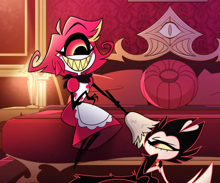 Niffty from Hazbin Hotel in a vibrant HD PC desktop wallpaper, showcasing her cheerful expression while dusting a small black-and-white creature in a richly decorated room.