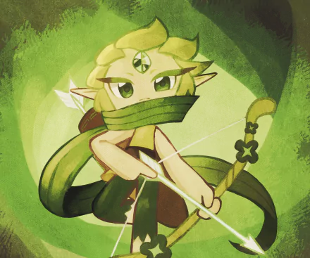 Wind Archer Cookie from the video game Cookie Run: OvenBreak — stylized HD PC desktop wallpaper of the elven archer cookie drawing a glowing arrow amid a swirling green scarf and leafy backdrop.