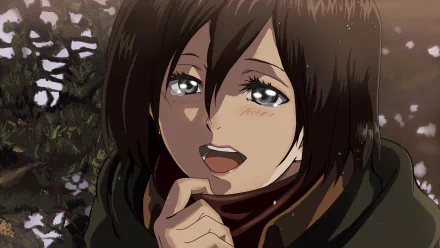 Mikasa Ackerman from Attack on Titan shown in a detailed 4K Ultra HD anime-style portrait, smiling with a soft expression against a dark, blurred background.